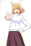  arcueid_brunestud blonde_hair closed_eyes highres long_skirt melty_blood purple_skirt scan short_hair skirt solo sweater takeuchi_takashi tsukihime turtleneck v 