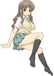  black_legwear breasts brown_hair cardigan_vest eyebrows_visible_through_hair full_body hair_ornament hairclip hirose_(mokiki) kneehighs large_breasts long_hair no_shoes original panties pantyshot plaid plaid_skirt pleated_skirt school_uniform short_sleeves simple_background skirt socks solo underwear white_background 