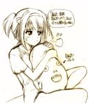  brown hairband kikumaru_bunta monochrome sigh sketch solo stuffed_animal stuffed_toy suzumiya_haruhi suzumiya_haruhi_no_yuuutsu thinking translated 