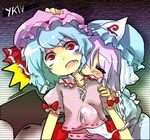  artist_request blood blue_hair fang ghost hat irony japanese_clothes kimono multiple_girls purple_hair remilia_scarlet ribbon saigyouji_yuyuko short_hair touhou 