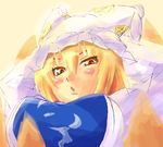  :o bad_moon blonde_hair blush brown_eyes fox_tail from_below hat looking_at_viewer looking_down multiple_tails ofuda parted_lips pillow_hat short_hair solo tabard tail tassel touhou yakumo_ran 