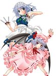  bat_wings between_fingers blue_eyes blue_hair braid hat izayoi_sakuya knife maid multiple_girls red_eyes remilia_scarlet rikky touhou wings wrist_cuffs 