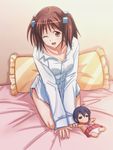  bed brown_eyes brown_hair doll e20 frilled_pillow frills gokujou_seitokai hair_cubes hair_ornament kneeling one_eye_closed oume_ayumu pillow solo twintails 