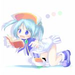 :o ah-kun bent_over blue_eyes blue_hair book brooch dress full_body gem holding holding_book jewelry kneeling long_sleeves lowres moetan open_book open_mouth pastel_ink reading shoes short_hair sidelocks solo tsubasa_(abchipika) twintails visor_cap white_dress 