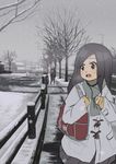  bag black_hair brown_eyes coat dark_sky day fence jitsu_hidari long_hair multiple_girls original outdoors scarf snow snowing tree waving 