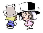  2girls :&lt; animal_ears baku_taso bunny_ears chibi hat inaba_tewi lowres moriya_suwako multiple_girls o_o touhou 