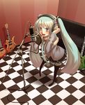  bad_id bad_pixiv_id checkered checkered_floor detached_sleeves green_eyes green_hair guitar hatsune_miku headphones instrument long_hair microphone microphone_stand necktie perspective pop_filter skirt solo studio_microphone terumii thighhighs twintails vocaloid zettai_ryouiki 