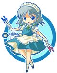  between_fingers blue_eyes braid chibi hairband izayoi_sakuya knife maid michii_yuuki ribbon short_hair solo touhou twin_braids 