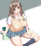  breasts brown_eyes brown_hair cardigan_vest copyright_request curvy glasses hand_on_thigh hirose_(mokiki) huge_breasts long_hair parted_lips school_uniform semi-rimless_eyewear short_sleeves socks solo under-rim_eyewear 