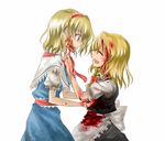  alice_margatroid blonde_hair blood blue_eyes braid hairband kirisame_marisa multiple_girls myama ribbon single_braid smile touhou 