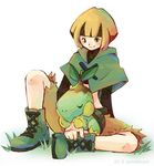  artist_request boots brown_eyes brown_hair capelet gen_4_pokemon grass green_capelet green_footwear gym_leader lowres natane_(pokemon) pokemon pokemon_(creature) pokemon_(game) pokemon_dppt sitting sleeping smile turtwig 