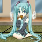  1girl aqua_eyes aqua_hair artist_name barefoot detached_sleeves eating food hatsune_miku indoors long_hair necktie negimiso_senbei pleated_skirt seiza senbei sitting skirt solo tatami translated twintails very_long_hair vocaloid watermark web_address 