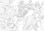  :d :o \o/ ahoge akizuki_ritsuko antenna_hair armor arms_up axe bikini_armor breasts cleavage dragon eastern_dragon futami_ami futami_mami ganaha_hibiki greyscale hagiwara_yukiho hoshii_miki idolmaster idolmaster_(classic) lineart medium_breasts monochrome multiple_girls multiple_riders navel new_year open_mouth outstretched_arms ponytail reins riding seki_suzume side_ponytail small_breasts smile staff sword weapon western_dragon 