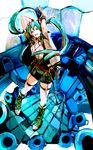  aqua_eyes aqua_hair arms_up hatsune_miku headphones highres long_hair looking_at_viewer microphone open_mouth shorts smile so-bin solo thighhighs twintails very_long_hair vocaloid 
