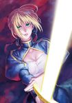  ahoge artoria_pendragon_(all) bad_id bad_pixiv_id blonde_hair dress excalibur fate/stay_night fate_(series) glowing glowing_weapon hair_ribbon nicoro256 puffy_sleeves ribbon saber solo sword weapon 
