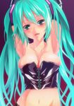  aqua_eyes aqua_hair armpits arms_up bare_shoulders breasts cleavage corset detached_sleeves hatsune_miku laco_soregashi long_hair looking_at_viewer medium_breasts navel open_mouth solo sweat twintails vocaloid 