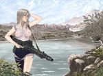  breasts caterpillar_tracks cloud damaged day g3104 ground_vehicle gun highres large_breasts machine_gun mg42 military military_vehicle motor_vehicle mountain nature original river scenery see-through shirt sky solo tank torn_clothes weapon wet wet_clothes wet_shirt wet_t-shirt 