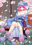  absurdres bad_id bad_pixiv_id bare_legs bare_shoulders blush breasts cleavage flower hat highres hydrangea japanese_clothes kimono large_breasts nail_polish nature obi off_shoulder outdoors petals pink_eyes pink_hair saigyouji_yuyuko sash short_hair sitting smile solo touhou triangular_headpiece xiaoai 