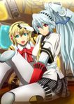  aegis_(persona) android aqua_hair blonde_hair blue_eyes bow highres houndstooth labrys long_hair multiple_girls muutsu_(maxwell0916) open_mouth persona persona_3 persona_4:_the_ultimate_in_mayonaka_arena ponytail red_eyes robot_joints school_uniform short_hair sitting skirt smile television 