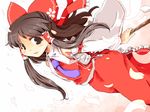  adapted_costume bare_shoulders bow brown_eyes brown_hair detached_sleeves hair_bow hair_tubes hakurei_reimu kanoe_soushi long_hair necktie open_mouth petals shirt skirt smile solo stick touhou wide_sleeves 