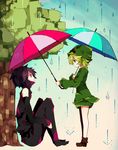  1girl bad_id bad_pixiv_id bare_shoulders blue_eyes boots creeper dual_wielding enderman eye_contact gameplay_mechanics giving green_hair holding holding_umbrella hood hoodie knees_up leaning looking_at_another minecraft personification purple_eyes rain rooseputo_02 short_hair sitting standing tree umbrella 
