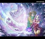  2girls angela_(seiken_densetsu_3) armor blue_hair blue_skin blush cape closed_eyes duran elbow_gloves gloves green_eyes hand_on_shoulder head_fins leotard letterboxed long_hair mermaid milan1000 monster_girl multiple_girls pointy_ears polearm purple_hair red_leotard seiken_densetsu seiken_densetsu_3 smile thighhighs tiara trident undine_(seiken_densetsu) weapon 