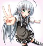  ahoge blue_eyes checkered checkered_skirt green_eyes haiyore!_nyaruko-san long_hair nyarlathotep_(nyaruko-san) ok-ray outstretched_arms silver_hair skirt solo striped striped_legwear thighhighs v 