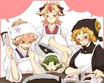  apron blonde_hair book brown_eyes chiyoshi_(sevendw) chocolate confused cooking green_eyes green_hair hair_bun head_scarf horn hoshiguma_yuugi kisume kurodani_yamame long_hair mizuhashi_parsee multiple_girls pointy_ears red_eyes sleeves_pushed_up spatula stirring touhou valentine 