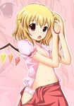  adjusting_hair blonde_hair dressing flandre_scarlet flat_chest highres navel neats no_hat no_headwear open_clothes open_mouth open_shirt open_skirt panties pink_panties red_eyes shirt side_ponytail skirt solo touhou tying_hair underwear wings zoom_layer 