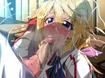  blonde_hair blush censored charlotte_dunois cum ejaculation fellatio infinite_stratos oral penis purple_eyes tsubaki_(tsubakiyasan) 