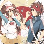  1girl bad_id bad_pixiv_id bag blue_eyes brown_eyes brown_hair double_bun holding holding_poke_ball kashi_(number) kyouhei_(pokemon) locked_arms long_hair mei_(pokemon) messenger_bag pantyhose poke_ball pokemon pokemon_(game) pokemon_bw2 raglan_sleeves shoulder_bag twintails visor_cap watch wristwatch 