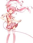  boots bow bowtie detached_sleeves floating_hair hair_ribbon hatsune_miku headphones long_hair microphone pink_eyes pink_footwear pink_hair ribbon sakura_miku saroma_(kyys) simple_background skirt solo thighhighs twintails vocaloid white_background 
