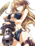  bandeau bare_shoulders blue_eyes breasts brown_hair bullet denim fingerless_gloves gatling_gun gloves grin gun highres holster large_breasts long_hair looking_at_viewer midriff minigun moneti_(daifuku) o-ring o-ring_bottom o-ring_top one_eye_closed open_fly original shiny short_shorts shorts simple_background smile solo thigh_holster underboob unzipped weapon white_background 