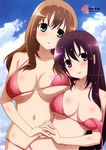  2girls black_hair breasts breasts_on_breasts brown_hair female green_eyes huge_breasts incest large_breasts long_hair matsumi_kuro matsumi_yuu micro_bikini multiple_girls official_art purple_eyes saki saki_achiga-hen siblings sisters sky wet yuri 