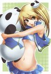  absurdres artist_request blazblue blonde_hair breasts green_eyes groin hair_ornament highres lowleg_skirt microskirt midriff navel noel_vermillion official_art open_mouth panda side_ponytail skirt small_breasts smile solo strapless stuffed_animal stuffed_panda stuffed_toy tubetop underboob 