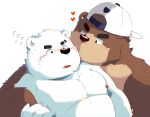  &lt;3 2018 anthro bhtoss black_nose blush brown_fur duo fur hat hug kissing male male/male mammal moobs nipples overweight overweight_male polar_bear simple_background ursine white_background white_fur 