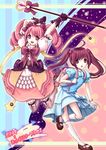  :d backpack bad_id bad_pixiv_id bag boots bow brown_eyes brown_hair dress gloves hair_bobbles hair_bow hair_ornament heart holding kazuharu_kina magical_girl multiple_girls open_mouth original pink_eyes pink_hair smile staff star thigh_boots thighhighs translated twintails 