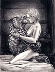  1girl alien commander_shepard commander_shepard_(female) couple efleck garrus_vakarian hetero highres interspecies kiss mass_effect monochrome nipples nude pencil signature traditional_media turian xenophile 