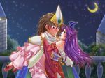  1girl angela_(seiken_densetsu_3) armor blush cape carrying couple crescent_moon detached_sleeves dress duran earrings frilled_dress frills green_eyes hat heart helmet hetero jewelry lipstick long_hair makeup moon night pointy_ears princess_carry purple_hair seiken_densetsu seiken_densetsu_3 sky star_(sky) starry_moon starry_sky suiju_mana sweat 