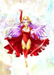  angela_(seiken_densetsu_3) cape elbow_gloves gloves grand_devina green_eyes hair_tubes highres leotard long_hair magic pointy_ears purple_hair red_leotard ruri_(magnolia) seiken_densetsu seiken_densetsu_3 solo thighhighs tiara 