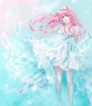  anyueh blue_eyes breasts flower hair_flower hair_ornament head_wreath highres jewelry just_be_friends_(vocaloid) large_breasts long_hair megurine_luka nail_polish petals pink_hair ribbon ring skirt solo vocaloid white_skirt 