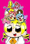  &gt;_&lt; :3 :d bkub blonde_hair blue_eyes blue_hair bow cherry chibi chibi_on_head closed_eyes cover cover_page creature crown doughnut doujin_cover drill_hair eating food fruit hair_bow hands_on_own_face ice_cream kyubey long_sleeves looking_at_viewer magical_girl mahou_shoujo_madoka_magica miki_sayaka minigirl multiple_girls object_on_head on_head open_mouth orange_eyes pink_background plaid plaid_skirt pleated_skirt puffy_sleeves red_hair sakura_kyouko school_uniform short_hair skirt smile spoon tomoe_mami twin_drills twintails v-shaped_eyebrows x3 