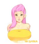  breasts doxy earrings fluttershy green_eyes huge_breasts jewelry long_hair lowres my_little_pony my_little_pony_friendship_is_magic personification pink_hair solo upper_body 