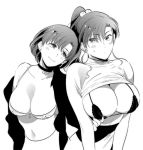  2girls bishoujo_senshi_sailor_moon blush bra breasts choker cleavage closed_mouth clothes_lift collarbone earrings eyebrows_visible_through_hair greyscale hair_bobbles hair_ornament high_ponytail jewelry kino_makoto large_breasts lingerie long_hair looking_at_another lowres medium_breasts mizuno_ami monochrome moopiekun multiple_girls navel off_shoulder open_clothes open_shirt panties ponytail short_hair simple_background smile sweater sweater_lift underwear white_background yuri 