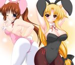  animal_ears arms_up ass black_leotard blonde_hair blue_eyes blush breasts brown_hair bunny_ears bunny_tail bunnysuit cleavage detached_collar fate_testarossa kannagi_tsukasa large_breasts leotard long_hair low-tied_long_hair lyrical_nanoha mahou_shoujo_lyrical_nanoha_strikers multiple_girls pantyhose pink_leotard red_eyes ribbon side_ponytail tail takamachi_nanoha wrist_cuffs 