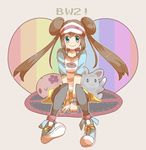  between_legs black_legwear blue_eyes brown_hair copyright_name cross-laced_footwear double_bun full_body gen_5_pokemon grey_background hand_between_legs highres long_hair mei_(pokemon) minccino munna nago_celica pantyhose pokemon pokemon_(creature) pokemon_(game) pokemon_bw2 polka_dot polka_dot_background raglan_sleeves shirt shoes simple_background sitting skirt sneakers solo stuffed_animal stuffed_toy text_focus twintails visor_cap watch wristwatch 