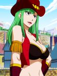  1girl armband bisca_connell bisca_mulan breasts cleavage cowboy_hat fairy_tail green_hair hair hat large_breasts lipstick long lowres makeup navel 