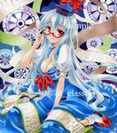  at_classics bespectacled blue_hair breasts cleavage dress glasses hat kamishirasawa_keine large_breasts long_hair marker_(medium) multicolored_hair red-framed_eyewear red_eyes sample scroll silver_hair smile solo touhou traditional_media two-tone_hair 