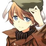  animal_ears blue_eyes blush face hand_on_headwear hand_up hat isabelle_du_monceau_de_bergendal jacket light_smile looking_at_viewer lowres noble_witches orange_hair portrait short_hair simple_background solo tsuchii_(ramakifrau) world_witches_series 