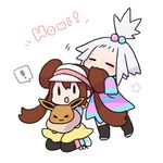  biting boots brown_hair eevee eyes_closed female_protagonist_(pokemon_bw2) grey_hair gym_leader hashibiro homika_(pokemon) mei_(pokemon) pantyhose pixiv_manga_sample pokemon pokemon_(game) pokemon_bw2 shoes skirt sneakers visor 